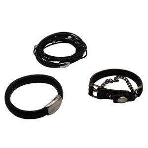 Skagen Leather Bracelet Set Black Braided Studded Chain Wrap 3pc
